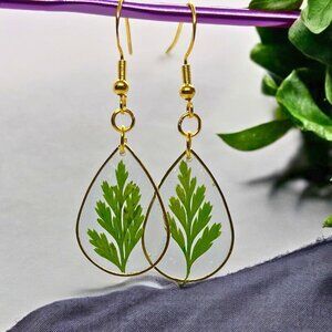 Resin Teardrop Fern Leaf Earrings | Gold & Silver Options | Hypoallergenic Hooks